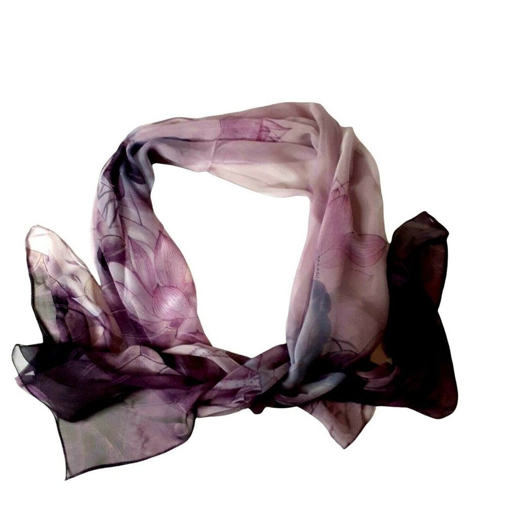 VTG Silk Hair Neck Scarf Sheer Purple Lilac Lotus Flowers Long 65" x19" (defect)